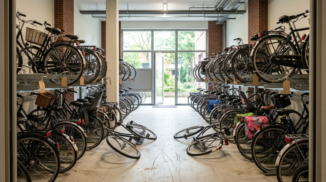 Volle fietsenstalling met vergeten fietsen vóór de opruimactie
